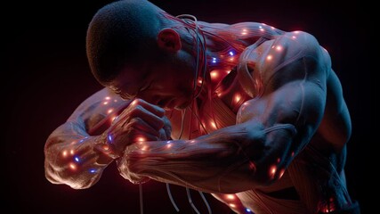 Human body visualization depicting muscular and nervous system structures, revealing scientific details through augmented reality glowing points against dark background - Powered by Adobe