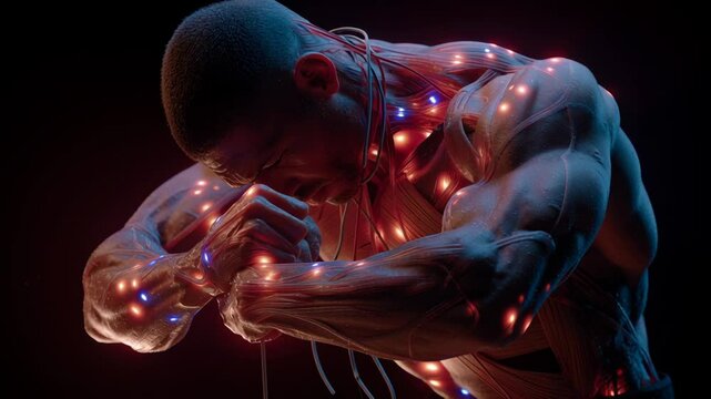 Human body visualization depicting muscular and nervous system structures, revealing scientific details through augmented reality glowing points against dark background