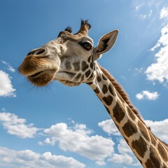 Naklejka premium A close-up of a giraffe with a long neck and distinctive spotted coat. The background features a clear blue sky with fluffy white clouds.