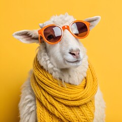 A sheep wearing orange sunglasses and a yellow knitted scarf against a bright yellow background. The sheep has fluffy white wool and a calm expression.
