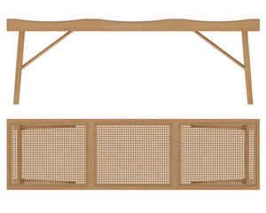 Top and side views of long bench made of wood and rattan with three seats