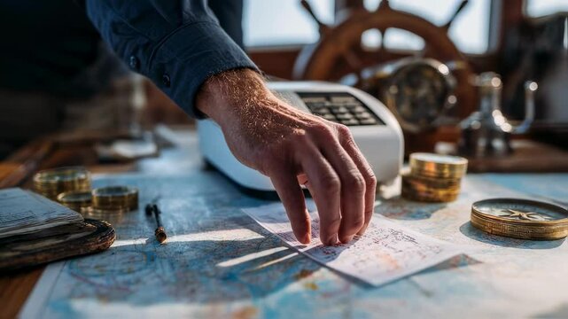 Hand of ship captain setting new course on nautical chart inside yacht cabin, planning voyage route on navigational map with compass, divider, and radio