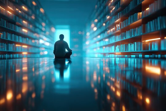 Lone figure in a futuristic library reflects on knowledge and solitude