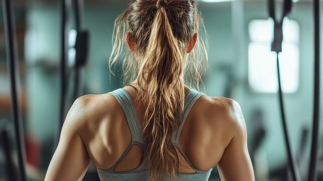 A woman is captured from behind in a gym, showcasing her toned back muscles as she prepares to engage in a workout, embodying strength and dedication to fitness.