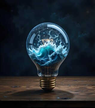 The Genesis Bulb: A giant, vintage lightbulb sits on a desk, its filament replaced by a miniature, hyper-realistic, tempestuous ocean with flashing lightning.
