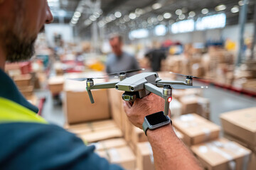 Obraz premium Technician operates drones in a warehouse setting for logistics and inventory management