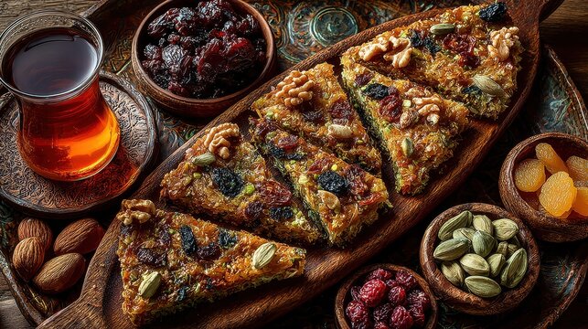 Delicious middle eastern dessert with tea and dried fruits arranged on an ornate wooden tray showing a traditional food presentation for a special occasion - Powered by Adobe