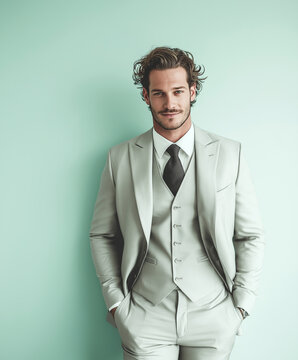 Confident young businessman in stylish light gray three-piece suit and black tie posing against pastel background for modern corporate fashion and lifestyle concept