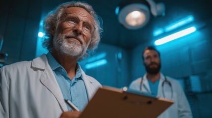 Senior doctor in white lab coat reviews charts with colleague in hospital operating room under bright lights