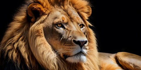 Fototapeta premium Majestic Male Lion Close-Up Portrait for wildlife publications, educational materials, posters, or conservation campaigns.