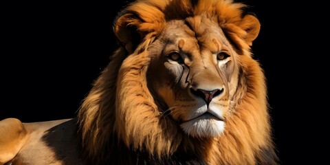 Fototapeta premium Majestic Male Lion Close-Up Portrait for wildlife publications, educational materials, posters, or conservation campaigns.