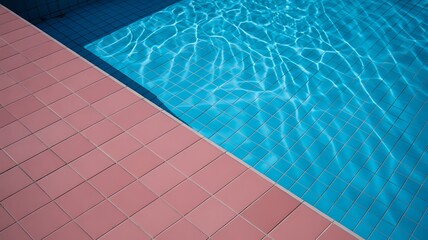 Abstract view of a swimming pool edge with pink tiles and rippling blue water