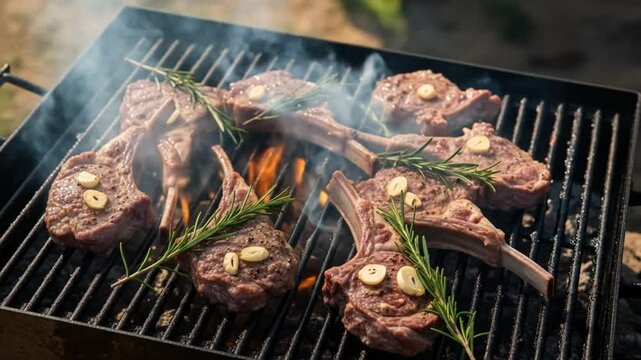 Close up of delicious lamb chops grilled with rosemary and garlic on barbecue grill