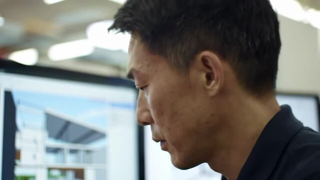 Architect Reviewing 3D Building Model on Computer Screen