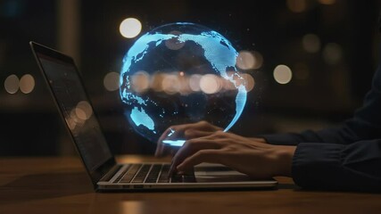 Global Connection: Person Typing on Laptop with Holographic Earth | Technology, Networking - Powered by Adobe