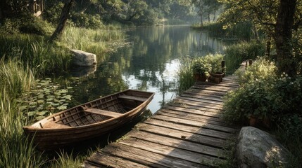 Obraz premium Serene lakeside scene with wooden rowboat and weathered dock under sunlight