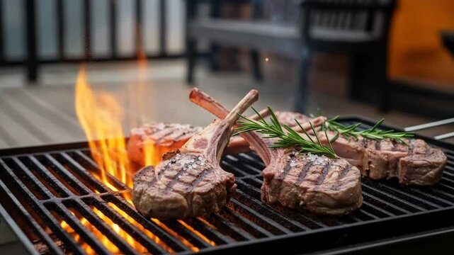 Close up of juicy lamb chops grilling on barbecue with flames and herbs