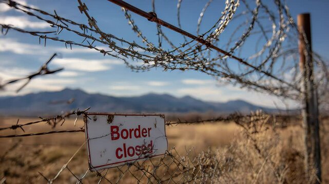 Barbed Wire Fence with Closed Border Sign Stretching Across Rural Landscape under Blue Sky