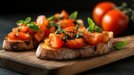 An appetizing arrangement of bruschetta topped with ripe tomatoes and basil, showcasing vibrant colors and textures, highlighting the joy of culinary creativity and fresh ingredients.