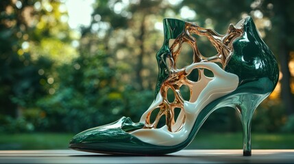 This stunning high-heeled shoe features an elegant green exterior, with a striking organic design that combines synthetic elements to create a visually captivating piece of fashion art.