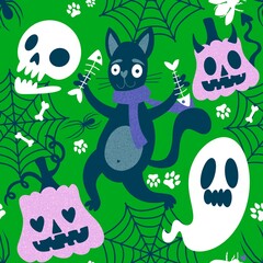Naklejka premium Halloween animals seamless cats pattern for wrapping paper and kids and fabrics