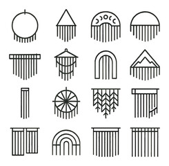 Fototapeta premium Macramé wall art shapes icons in minimalistic line art : circular hoop design, triangle hanger layout, moon phase arch, half-circle panel, horizontal driftwood rod, multi-tier cascade, arched