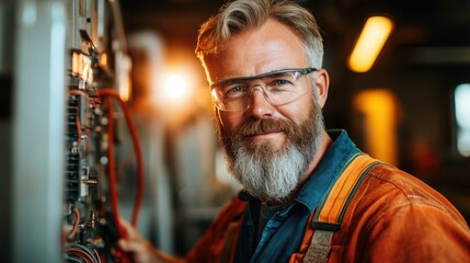 A skilled craftsman with a beard smiles confidently while working on electrical equipment, representing expertise, dedication, and craftsmanship in a dynamic workshop environment.