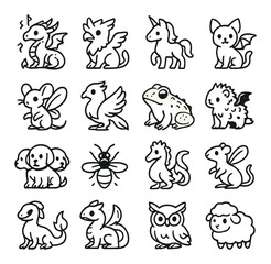 Obraz premium Miniature magical beasts icons in minimalistic line art : tiny dragon with runes, pocket-sized griffin, mini unicorn, bat-winged kitten, fae mouse, shrunken phoenix, scale-covered toadlet, imp