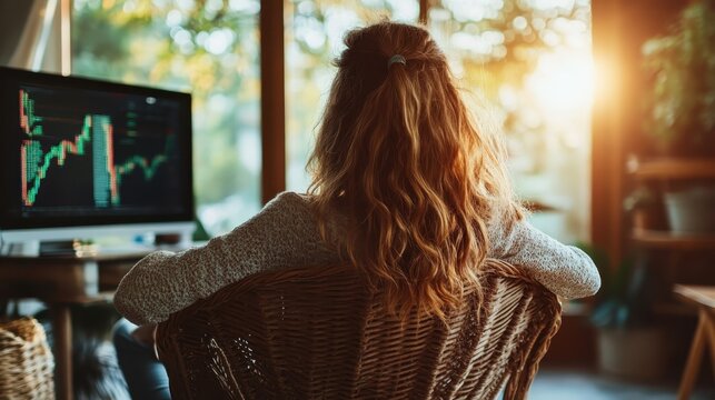 A focused woman analyzing market trends on her computer in a warm, sunlit home office, representing the blend of productivity and the comfort of working from home. - Powered by Adobe