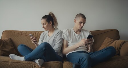 Young couple sitting back-to-back on couch, both absorbed in smartphones. Concept of emotional distance, relationship crisis and technology addiction.
