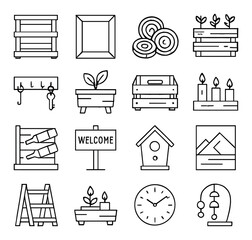 Upcycled wood and pallet projects icons in minimalistic line art : pallet shelf unit, rustic photo frame, wood slice coasters, pallet herb garden, key holder with hooks, upcycled drawer planter,