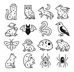 Celestial magical familiars icons in minimalistic line art : starry cat with halo, moon-crowned owl, comet-tailed fox, constellation rat, planet-ringed toad, eclipse bat, aurora serpent,