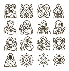 Zodiac characters as fantasy beings icons in minimalistic line art : Aries warrior with horns, Taurus earth guardian, Gemini twin spirits, Cancer moon mage, Leo fire prince, Virgo crystal healer