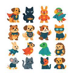 Naklejka premium Superhero-themed costumes icons in modern flat vector in minimalistic vibrant color design: dog in cape with lightning bolt, cat in stealth suit and mask, bunny in power armor, parrot in flight