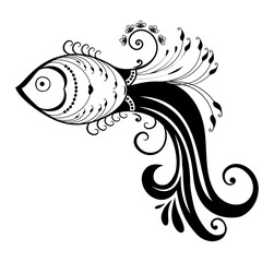 Ornamental Aquatic Elegance: An exquisite monochrome illustration of a stylized fish, featuring intricate patterns and elegant floral accents, epitomizing artistic finesse and marine grace.