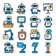 Office robot assistant icons in modern flat vector in minimalistic vibrant color design: document delivery bot, robotic coffee server, desk-cleaning assistant, smart presentation pointer,