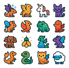 Obraz premium Miniature magical beasts icons in modern flat vector in minimalistic vibrant color design: tiny dragon with runes, pocket-sized griffin, mini unicorn, bat-winged kitten, fae mouse, shrunken