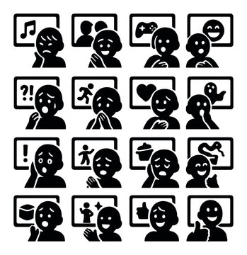 Types of content reactions icons in silhouette solid black-filled shapes with clean, simple : reacting to music video, reacting to movie scene, reacting to game clip, reacting to meme