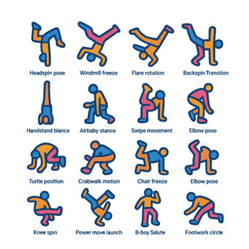 Breakdance moves icons in modern flat vector in minimalistic vibrant color design: headspin pose, windmill freeze, flare rotation, backspin transition, handstand balance, hollowback freeze,