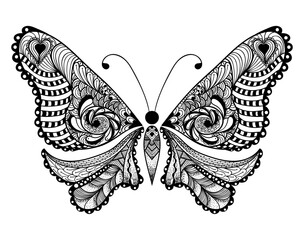 Whimsical Butterfly Illustration: An intricate pen-and-ink illustration of a butterfly, with delicate patterns and swirls adorning its wings.