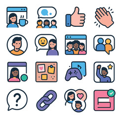 Coworking social dynamics icons in modern flat vector in minimalistic vibrant color design: virtual coffee chat, group brainstorming bubble, feedback thumbs icon, digital applause reaction,