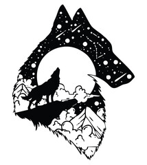 Mystic Howl Silhouette: A captivating illustration depicts a silhouette of a howling wolf against a backdrop of a radiant full moon, a starry night sky, and tranquil mountain scenery