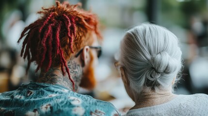 Fototapeta premium A peaceful scene featuring a young person with red dreadlocks and an elderly woman with gray hair, demonstrating the beauty of connection across generations in a cozy atmosphere.