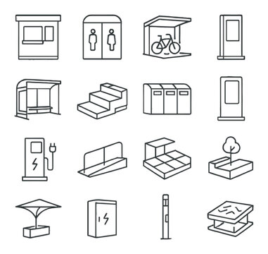 Modular public infrastructure icons in minimalistic line art : ticket booth, public restroom pod, bike parking shelter, information kiosk, bus stop shelter, modular seating bench, garbage