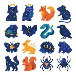 Celestial magical familiars icons in modern flat vector in minimalistic vibrant color design: starry cat with halo, moon-crowned owl, comet-tailed fox, constellation rat, planet-ringed toad,