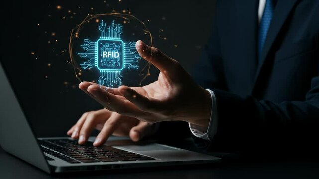 RFID Technology: Businessman Working on Laptop, Digital RFID Chip Visualization, Data Security