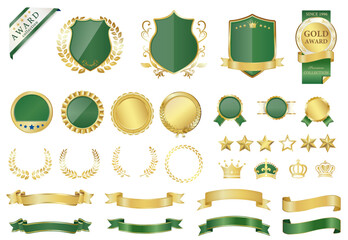 アワードとエンブレムのセット ( ランキング　ビンテージ　フレーム　メダル　リボン　りぼん　王冠　クラウン　星　スター　緑　グリーン　ゴールド　金 )