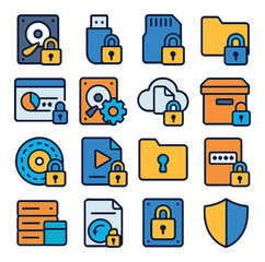 File and disk encryption icons in modern flat vector in minimalistic vibrant color design: locked hard drive, encrypted USB stick, secure SD card, encrypted folder icon, full disk encryption