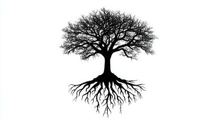 Black Silhouette of a Leafless Tree with Deep Roots on White Background