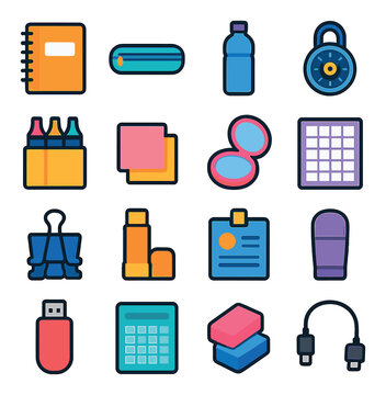 School locker essentials icons in modern flat vector in minimalistic vibrant color design: spiral notebook, pencil case, water bottle, combination lock, highlighter pack, sticky notes, pocket